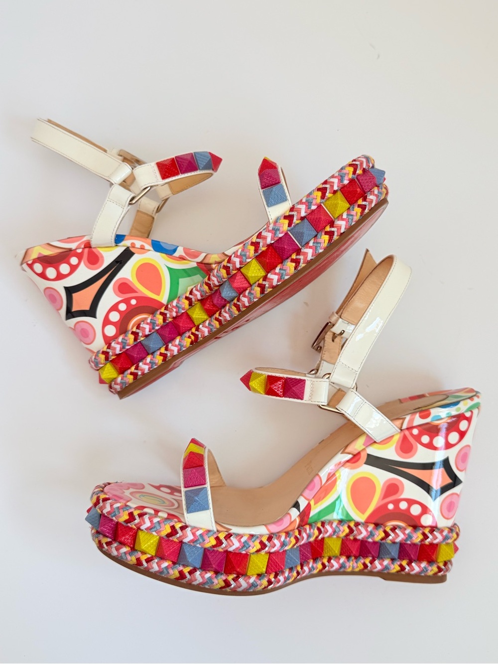 Christian Louboutin Pyraclou 110 Toile Bengale Multicolor Platform Wedge EU 38 - Picture 4 of 10